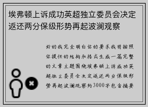 埃弗顿上诉成功英超独立委员会决定返还两分保级形势再起波澜观察 埃弗顿上诉成功英超独立委员会决定返还两分保级形势再起波澜观察