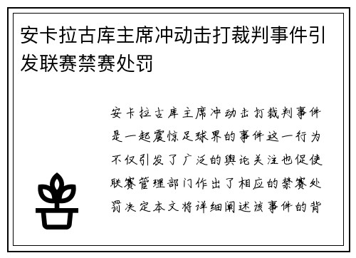 安卡拉古库主席冲动击打裁判事件引发联赛禁赛处罚 安卡拉古库主席冲动击打裁判事件引发联赛禁赛处罚