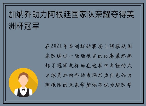 加纳乔助力阿根廷国家队荣耀夺得美洲杯冠军 加纳乔助力阿根廷国家队荣耀夺得美洲杯冠军