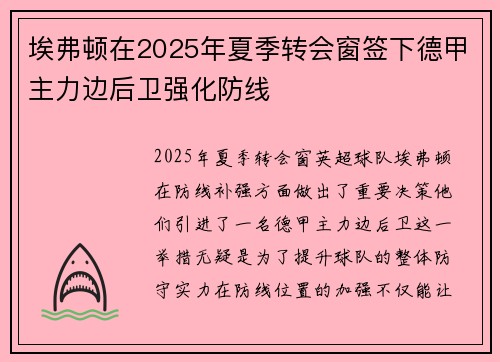 埃弗顿在2025年夏季转会窗签下德甲主力边后卫强化防线 埃弗顿在2025年夏季转会窗签下德甲主力边后卫强化防线