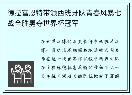 德拉富恩特带领西班牙队青春风暴七战全胜勇夺世界杯冠军 德拉富恩特带领西班牙队青春风暴七战全胜勇夺世界杯冠军